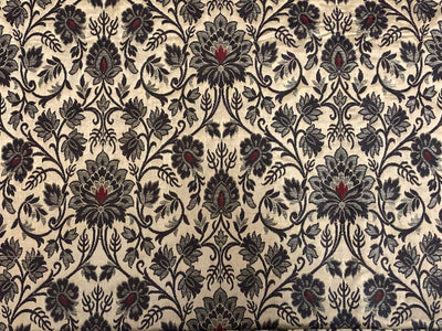 Silk Brocade fabric ivory with silver grey and red floral jacquard BRO1069[3]