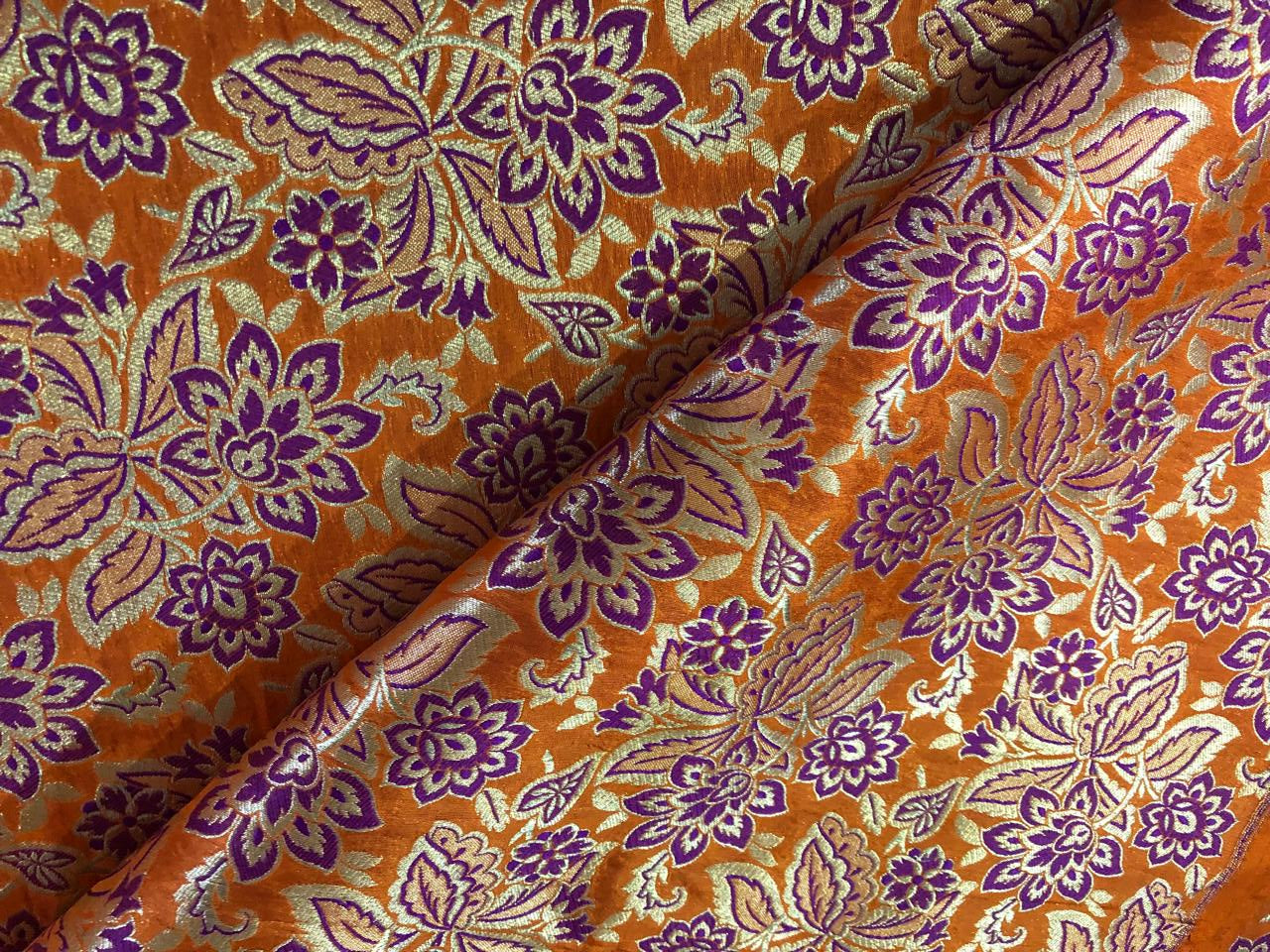 Silk Brocade fabric  ORANGE WITH PURPLE FLORAL Jacquard 44" wide  BRO822A[3]