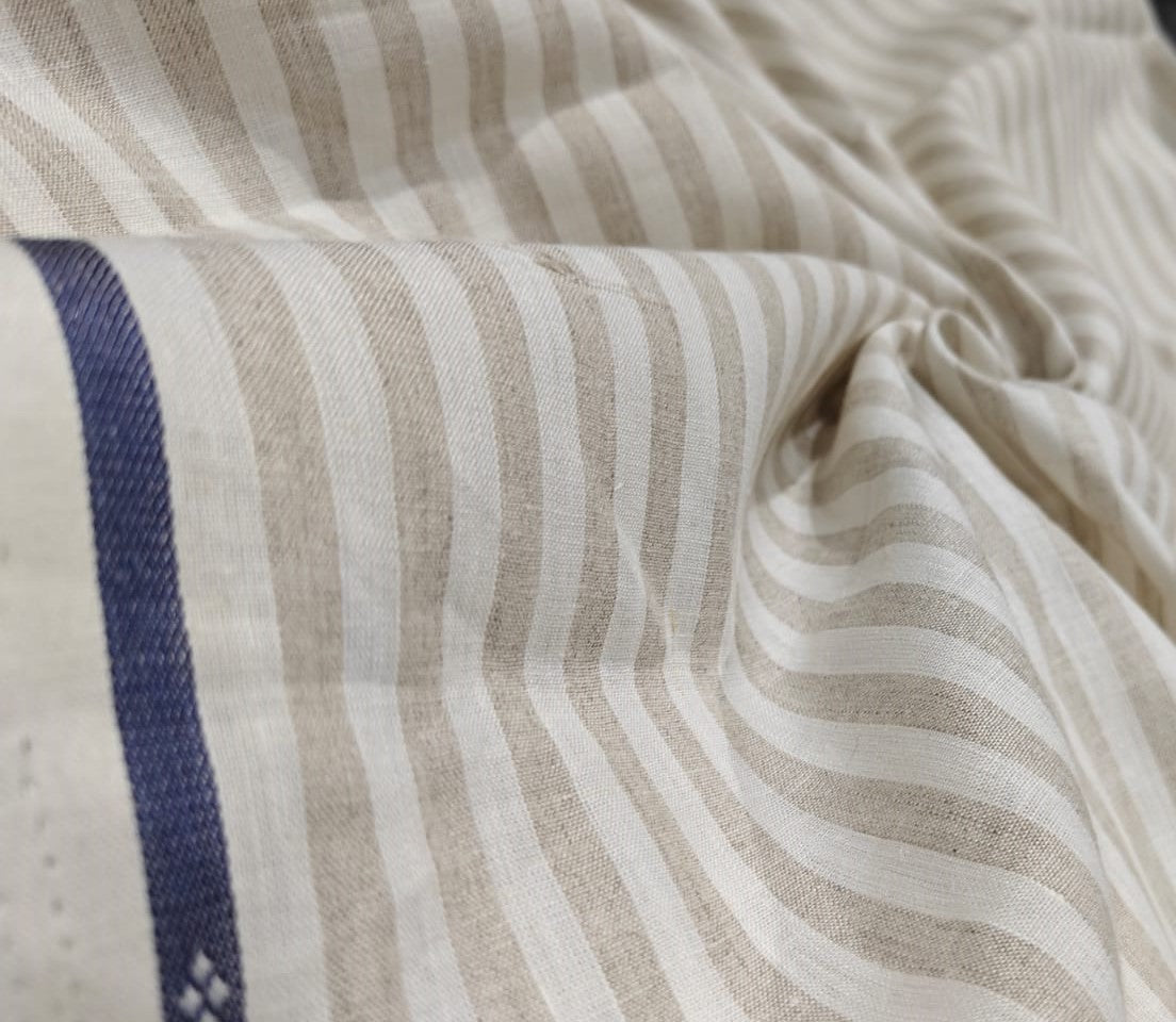 100% Linen stripe 60's Lea Fabric 58" wide available in three colors BLUE/WHITE,GREY/BLUE AND CAMEL/IVORY