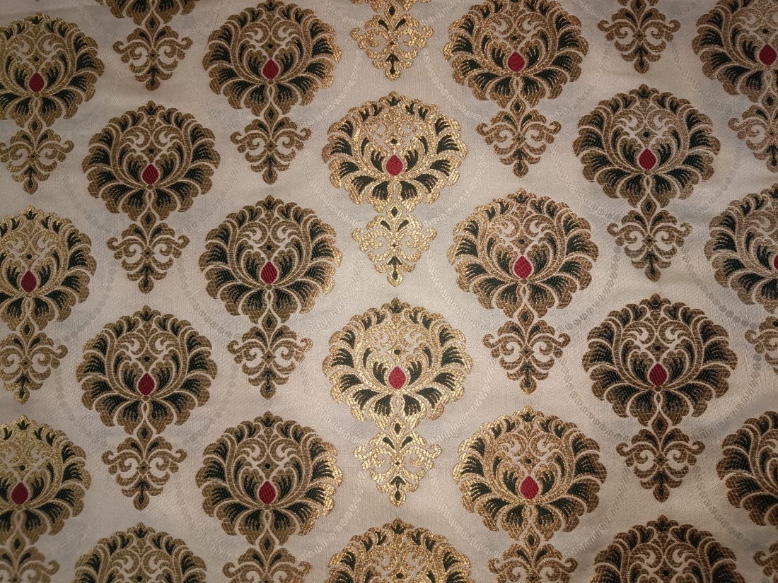 Silk Brocade fabric 44" wide BRO879 available in 4 colours Ivory; Pink; Red / Ivory; Green / Red / Ivory; Emerald Green; Red / Ivory; black ;Red AND METALIC GOLD