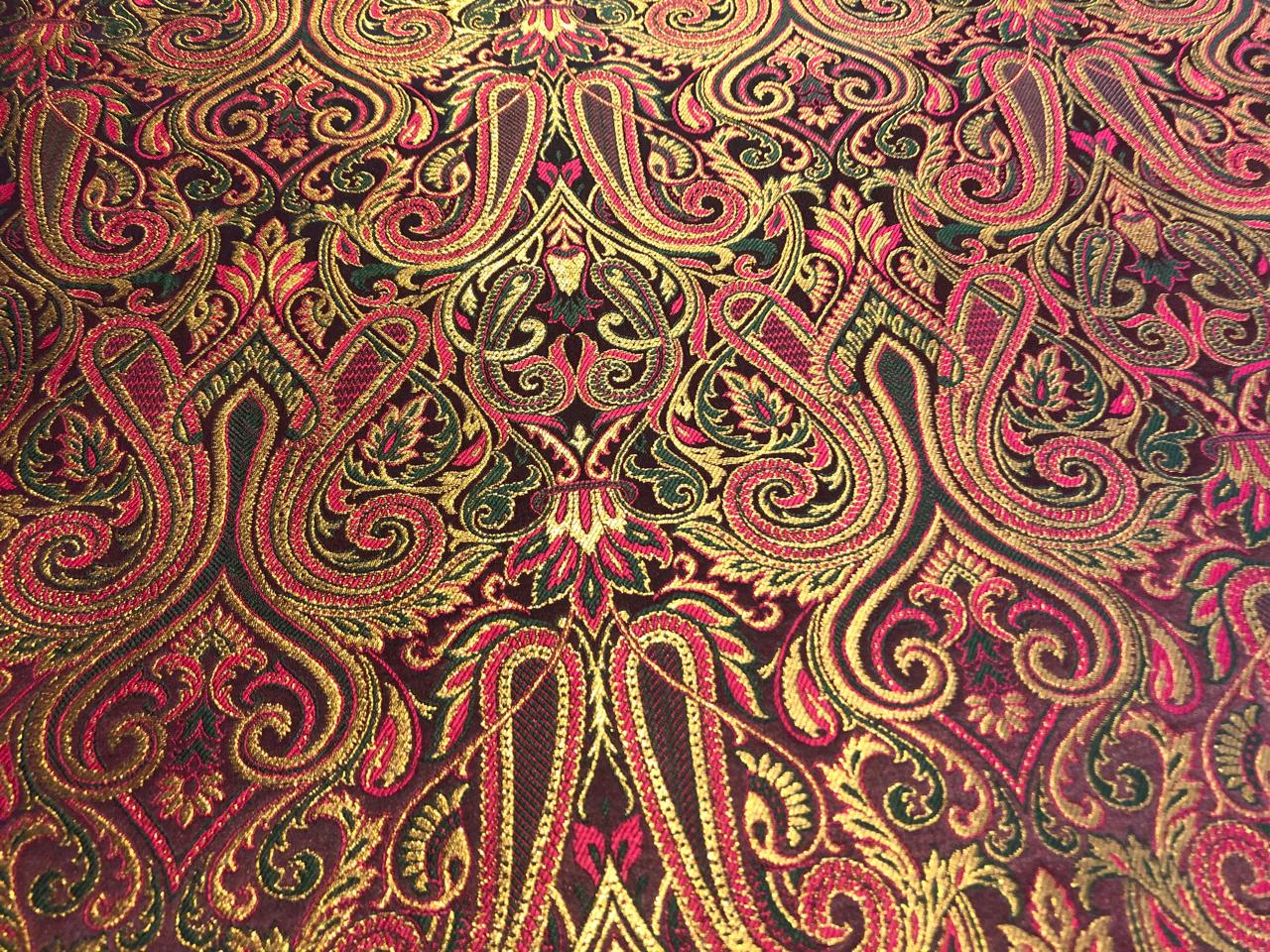 Silk Brocade fabric gold jacquard paisleys available in 3 colors magenta/teal ,deep purple/teal and peach/green/red BRO1102