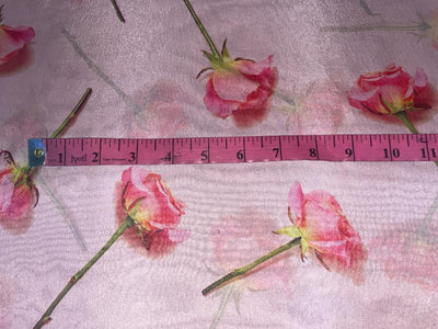 Satin organza fabric digital printed pink with pink roses WIDTH 44" 112 CMS WIDE [8961]