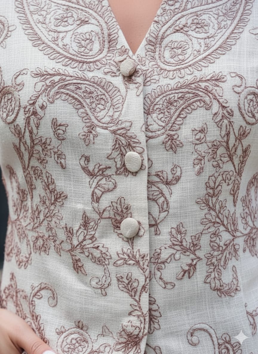 100% Linen  Kashmiri Embroidered fabric paisleys 58" wide available in 3 colors ivory with pink paisleys ,camel with navy paisley and ivory with beige paisley