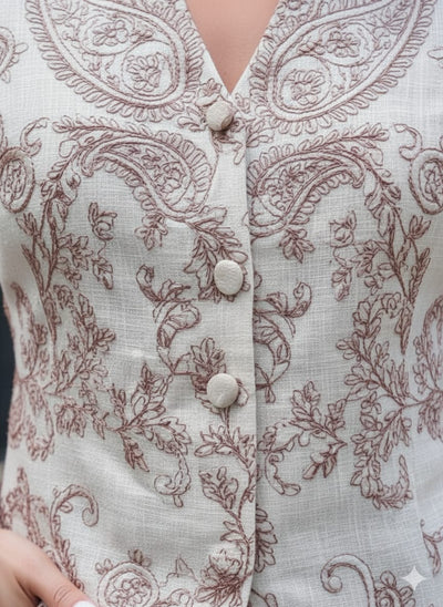 100% Linen  Kashmiri Embroidered fabric paisleys 58" wide available in 3 colors ivory with pink paisleys ,camel with navy paisley and ivory with beige paisley