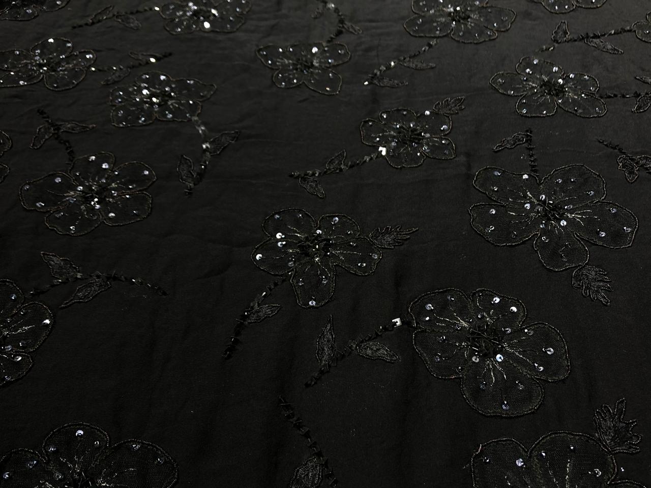 Silk Georgette black with sequins floral embroidery [18819]