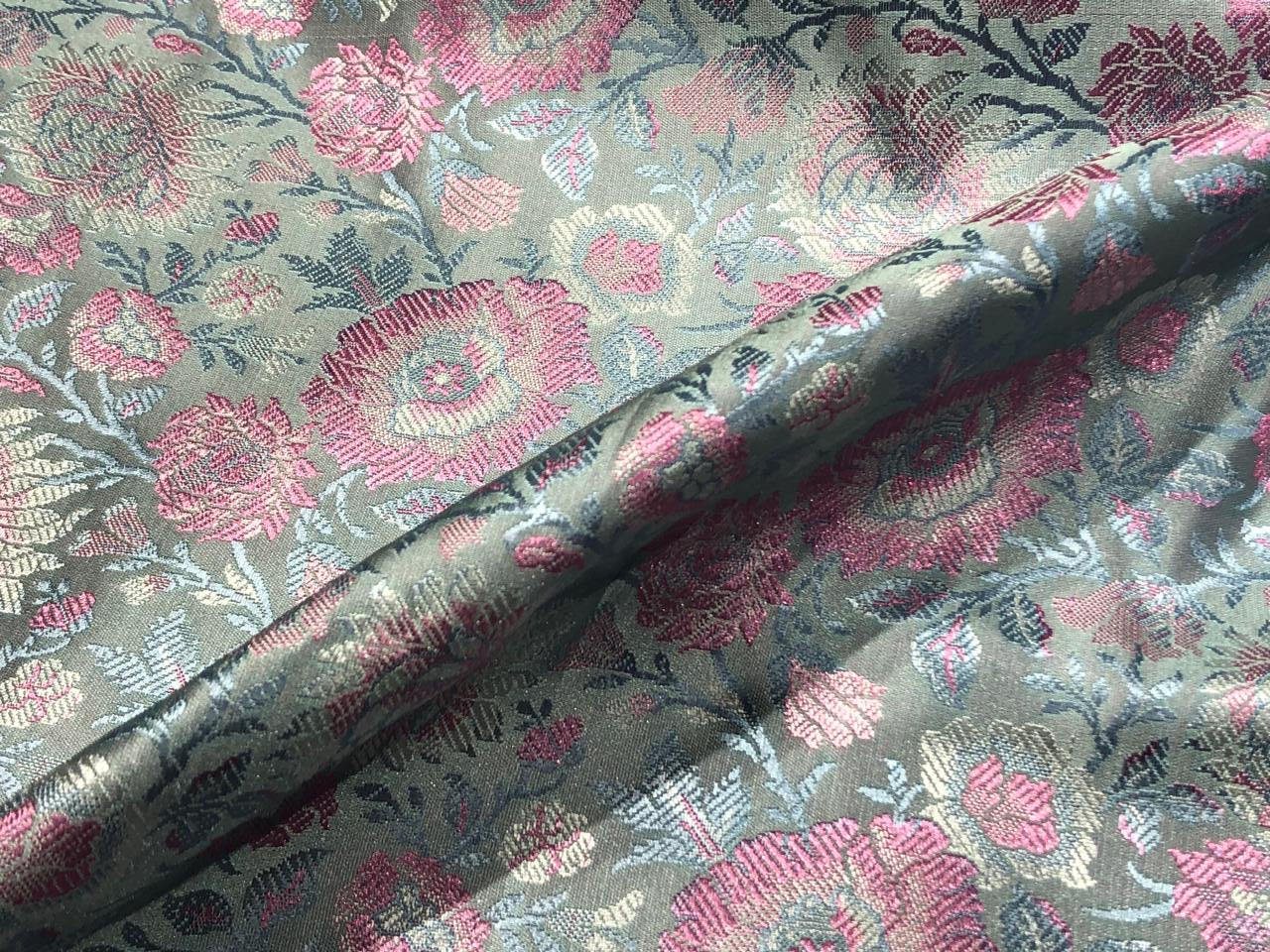 Silk Brocade fabric 44"  green sheen, silver ,blue and pink floral  jacquard BRO1050[1]