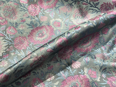 Silk Brocade fabric 44"  green sheen, silver ,blue and pink floral  jacquard BRO1050[1]