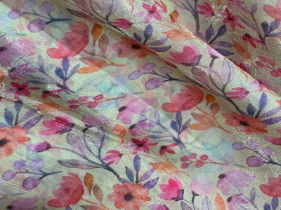 Silk metallic tissue organza fabric MULTI COLOR FLORAL JACQUARD 44 INCHES WIDE available in 2 STYLES MINT WITH PINK/ORANGE FLOWERS AND YELLOW WITH TINY PINK/ORANGE FLOWERS[17164/65]