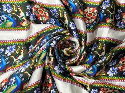 100% Pure Silk Satin 90 Grams Printed stripes of Indian classical dance with peacocks  44"Wide  Fabric [17792]