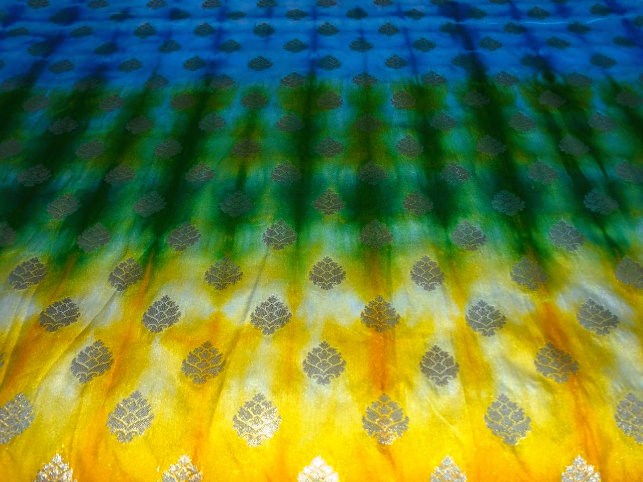 Silk Brocade fabric shades of blue yellow green with small metallic gold motif BRO915A[1]