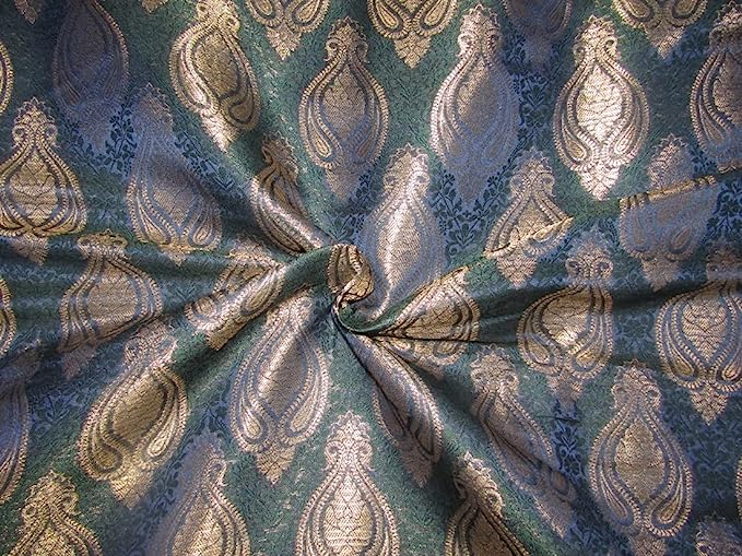 SILK BROCADE FABRIC Peacock Blue,Green & Metallic Gold Color 44" wide BRO370[2]