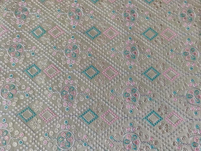 Silk Brocade Fabric Pastel Green.Blue,Pink and Gold color Sequins Embroidered 44" wide BRO792[1]
