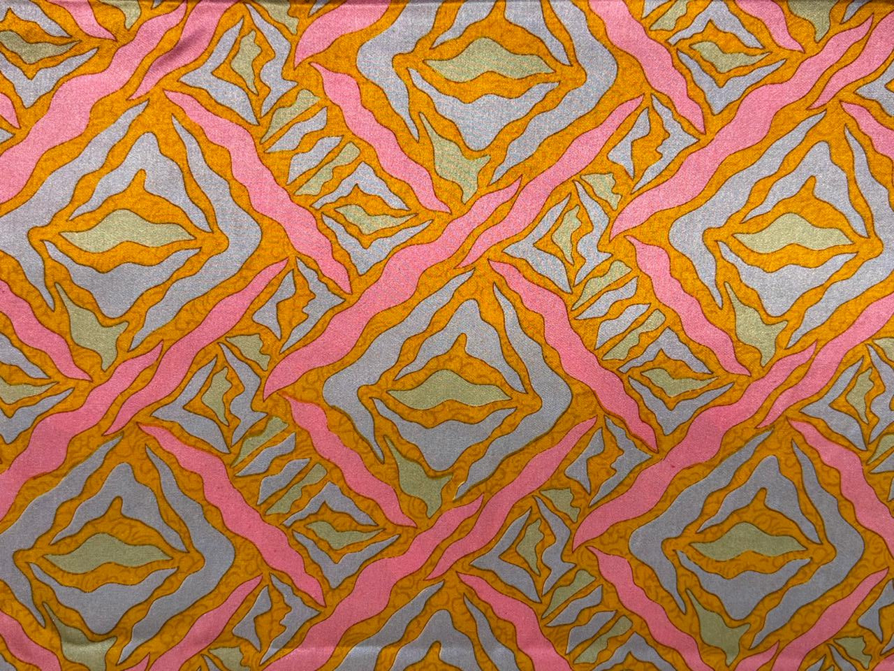 100% Pure Silk 100 grams satin printed 44"wide fabric pink, mustard and silver grey abstract  [18419]