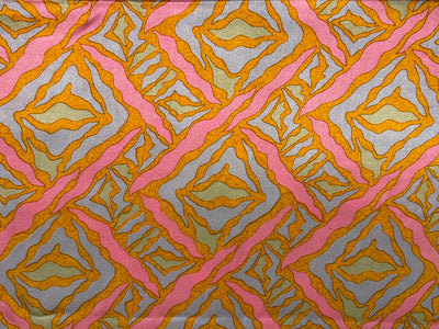 100% Pure Silk 100 grams satin printed 44"wide fabric pink, mustard and silver grey abstract  [18419]