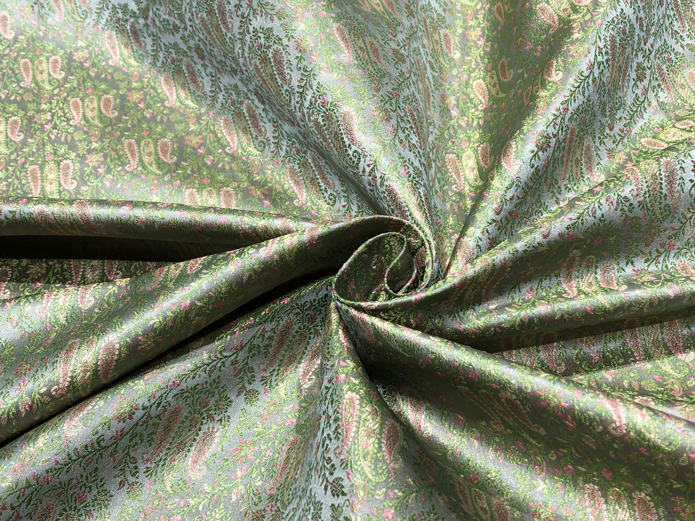 Silk Brocade fabric silver grey with pink and gold  paisley  jacquard BRO1024[2]
