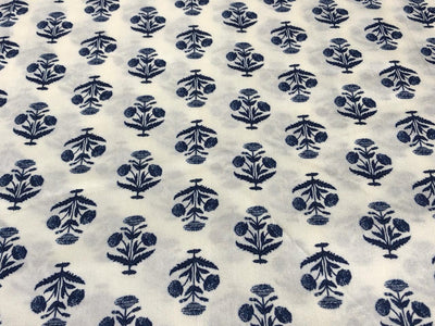 TENCEL Twill ivory with navy flower motif  Printed Fabric ~ 58&quot; wide [17293]