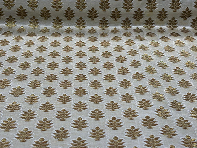 Silk Brocade fabric 44" dark ivory with antique gold jacquard motifs available in 2 designs leaf and paisley BRO1053