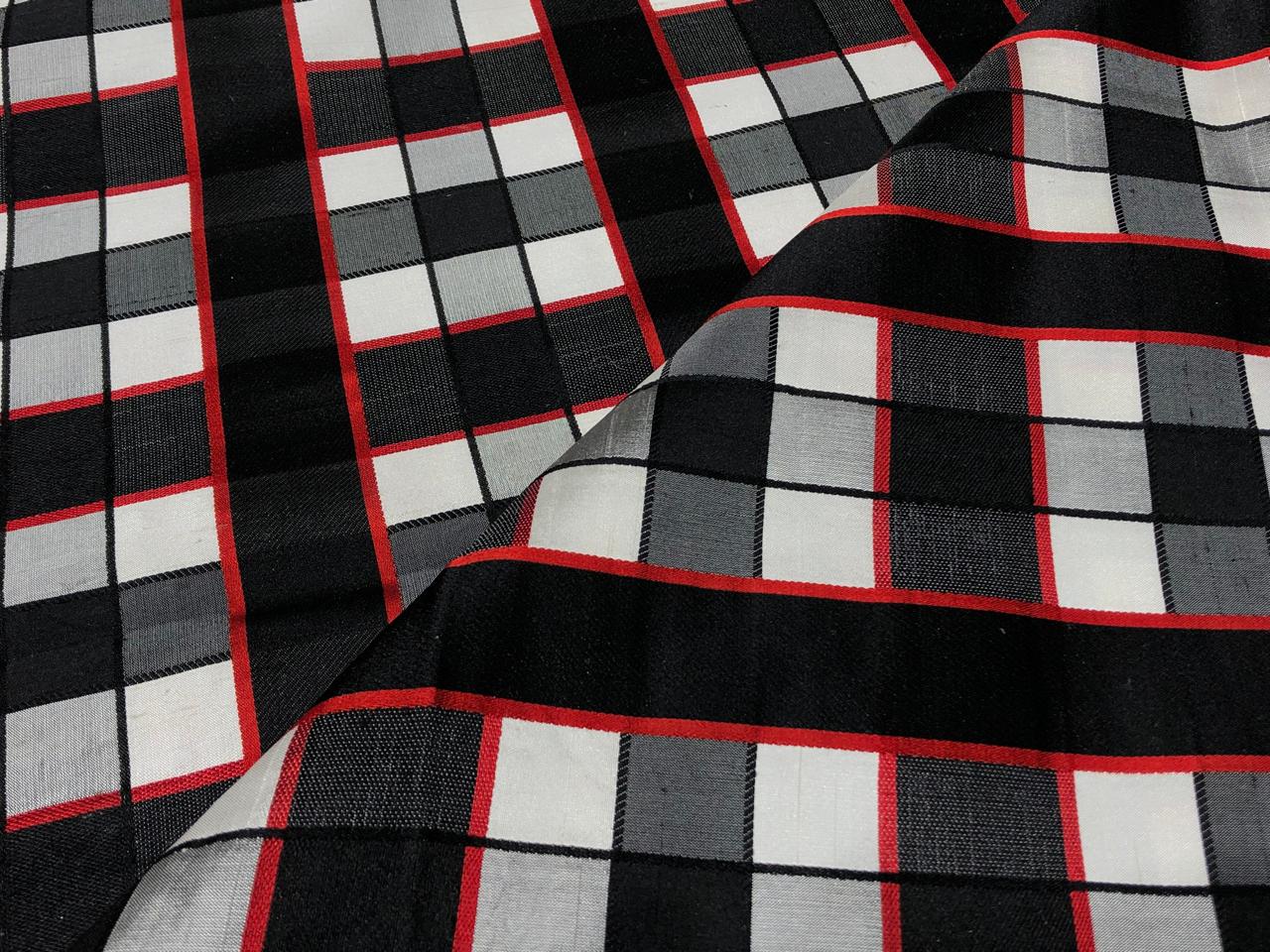 100% PURE SILK DUPIONI FABRIC  PLAIDS black,red,grey, ivory and red COLOR 54" WIDE single length 2.15 yds DUPcutC7