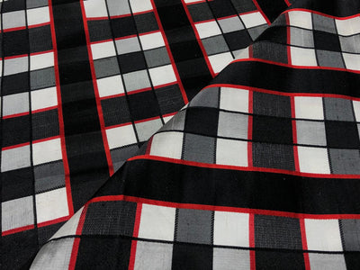 100% PURE SILK DUPIONI FABRIC  PLAIDS black,red,grey, ivory and red COLOR 54" WIDE single length 2.15 yds DUPcutC7