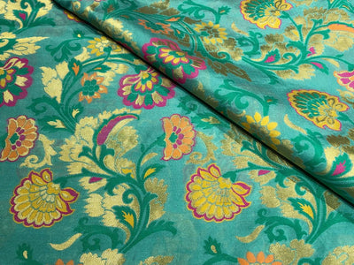 Silk Brocade fabric with multi color  floral jacquard and metallic  gold available in 3 colors  white,green , and pink BRO1014