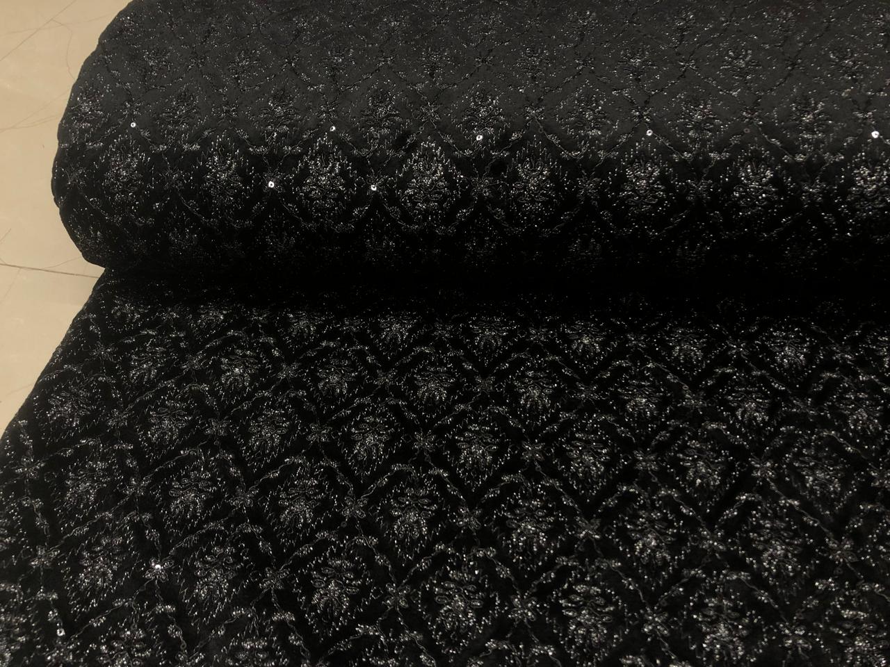 Brocade Velvet Embroidered fabric black color 60" wide 2 styles a black and silver and black with sequence BRO1088