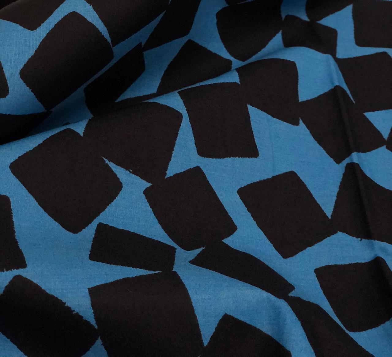 100% Cotton turquoise Blue with black geometric square print 58" wide [18622]