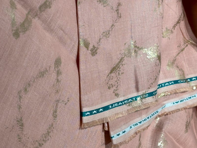 100% HEMP peach  color fabric with gold foil print 58" wide [17203]