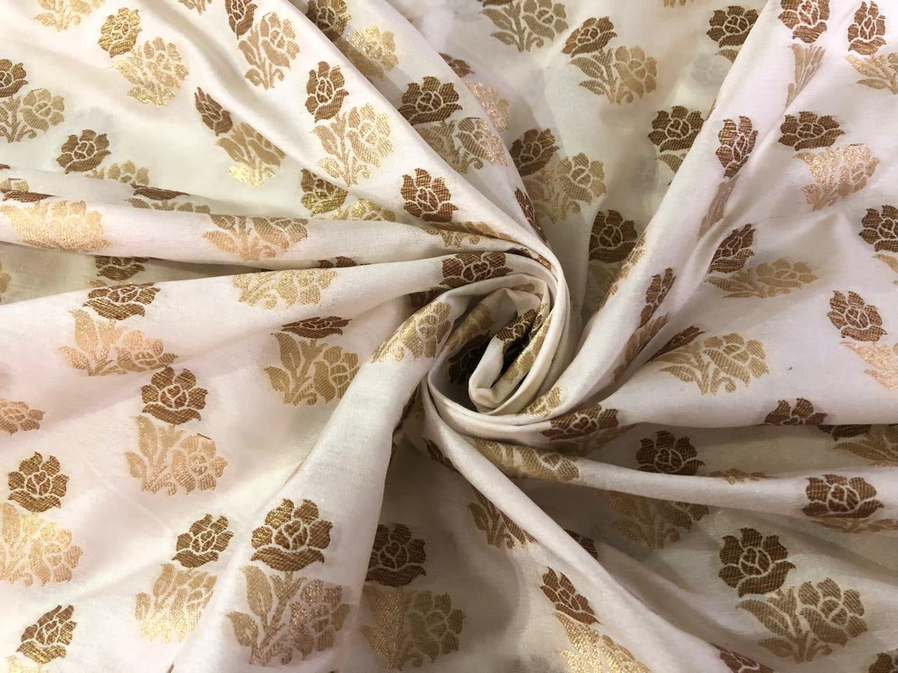 100% PURE Silk Brocade fabric 44" wide FLOWER MOTIF available in 2 colors white ivory and navy black BRO1016[1/2]