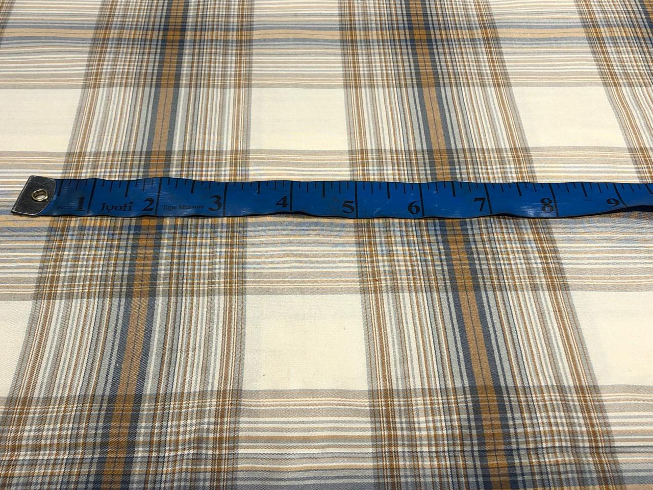 100% PURE SILK DUPIONI FABRIC  PLAIDS ivory, brown and grey COLOR 54" WIDE single length 4.25 yds DUPcutC4