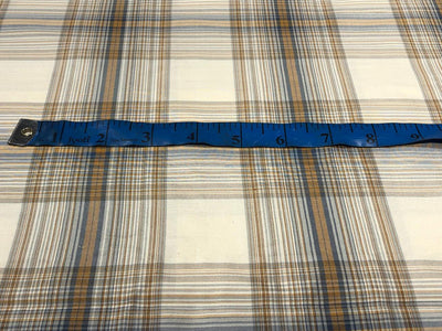 100% PURE SILK DUPIONI FABRIC  PLAIDS ivory, brown and grey COLOR 54" WIDE single length 4.25 yds DUPcutC4