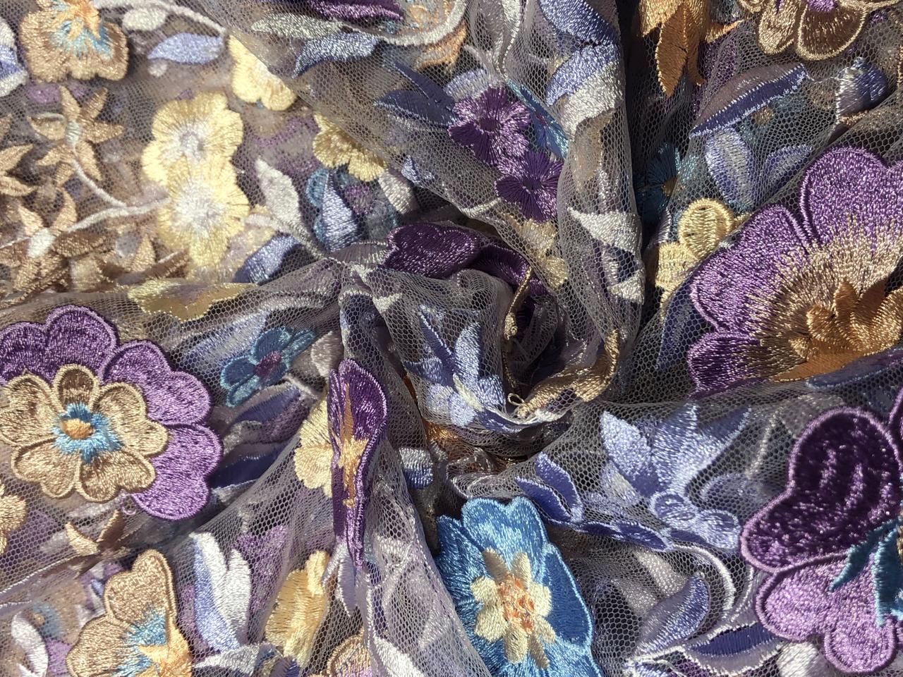 NET fabric lilac with floral embroidery with patchwork of nude pink, lilac and blue flowers 58" wide [17716]