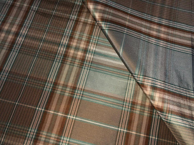 100% PURE SILK DUPIONI FABRIC  PLAIDS SAGE GREEN AND BROWN  COLOR 54" WIDE DUPcutC18