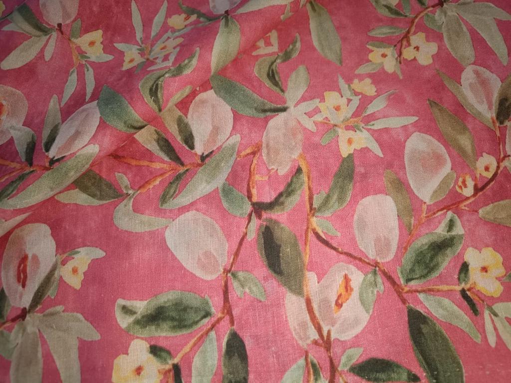 100% Linen watermelon pink with pastel yellow green  Floral Print Fabric 44" wide [15423]