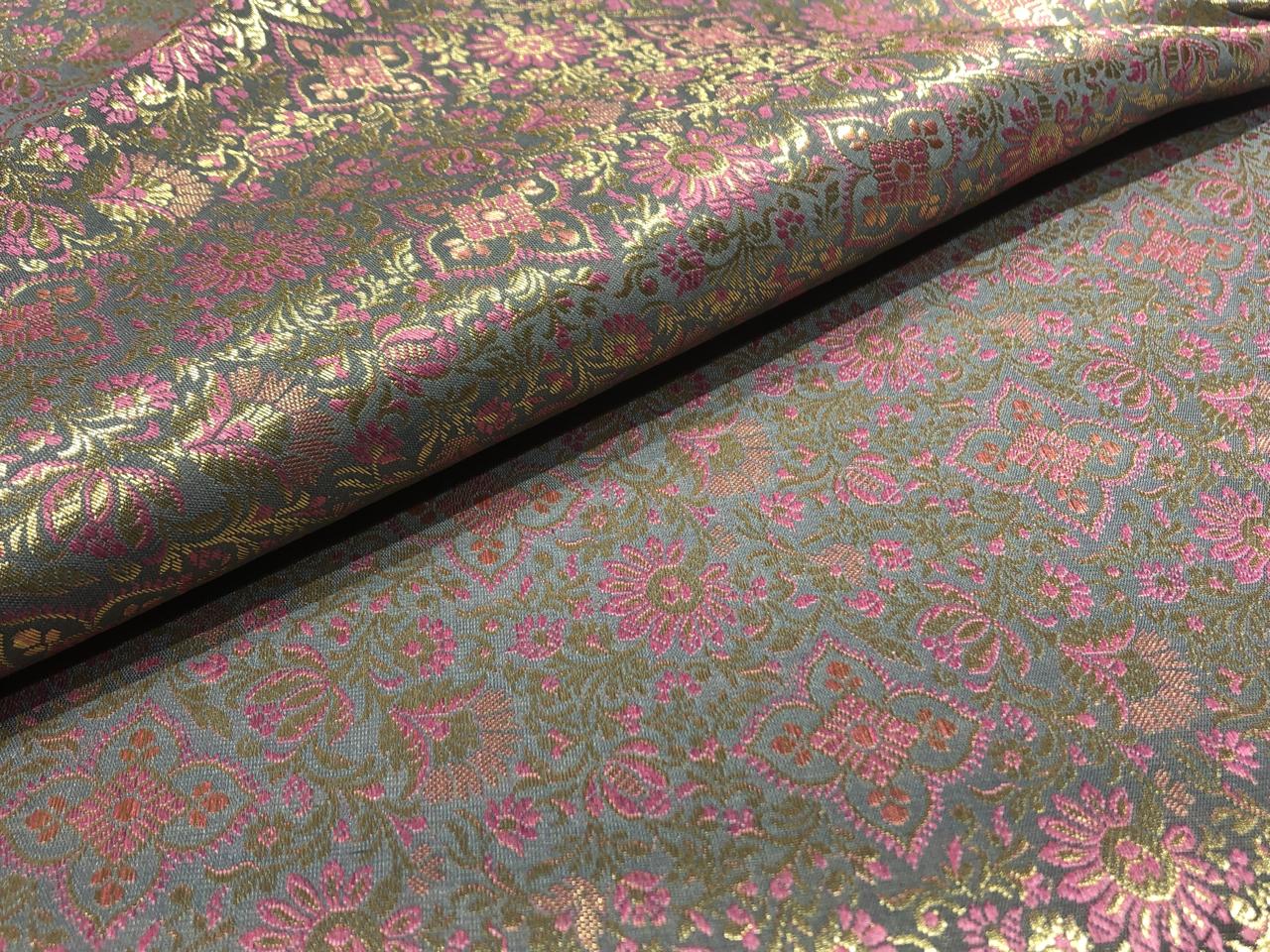 Silk Brocade fabric 44" pink and metallic gold floral jacquard available in 3 colors silver grey, green and pinkBRO1047