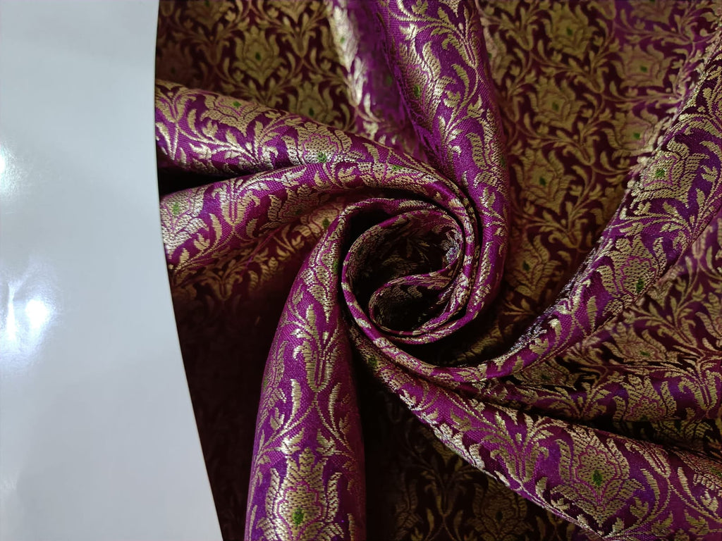 Silk Brocade fabric purple with metallic gold and green motif Jacquard color 44" wide BRO895[3]