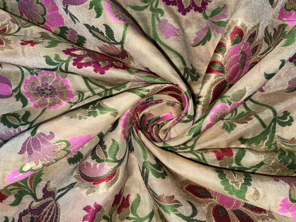 Silk Brocade fabric available in two colors Beige and green with multi color floral and metallic gold 44" wide BRO891[4&5]