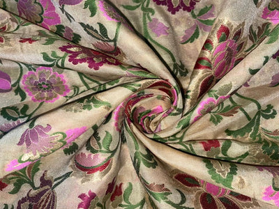 Silk Brocade fabric available in two colors Beige and green with multi color floral and metallic gold 44" wide BRO891[4&5]