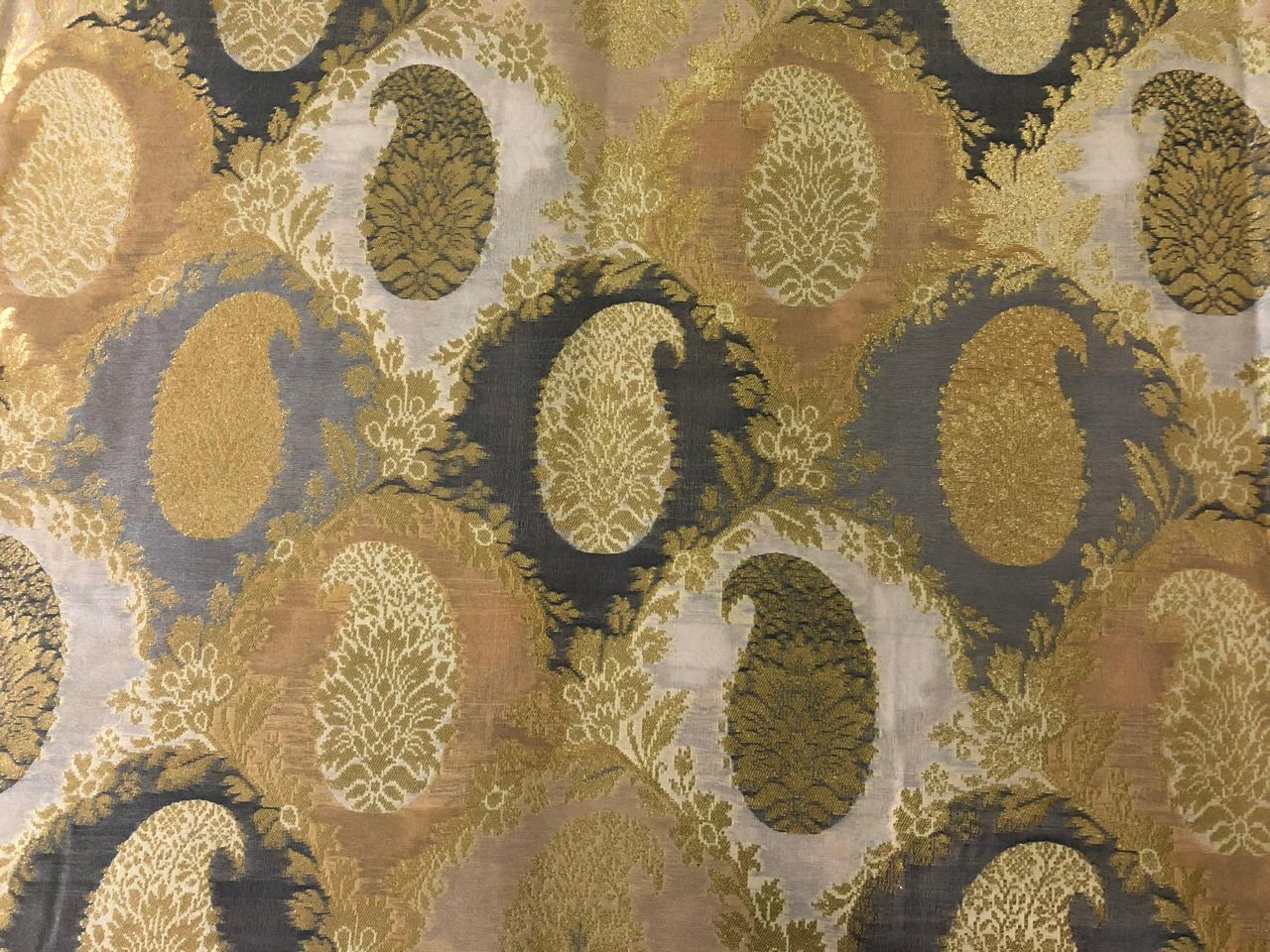 Silk Brocade fabric  slate blue and gold with gold paisley motif  jacquard  BRO965[2]