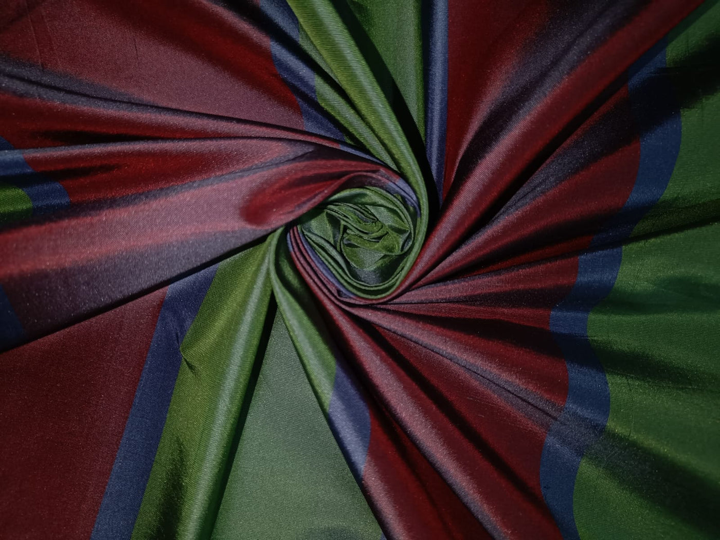 100% SILK TAFFETA FABRIC Wine Red,Royal Blue & Apple Green colour stripe Iridescent 54" wide TafS55