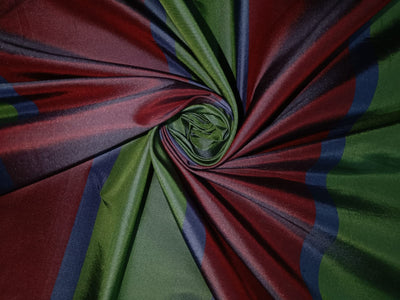 100% SILK TAFFETA FABRIC Wine Red,Royal Blue & Apple Green colour stripe Iridescent 54" wide TafS55