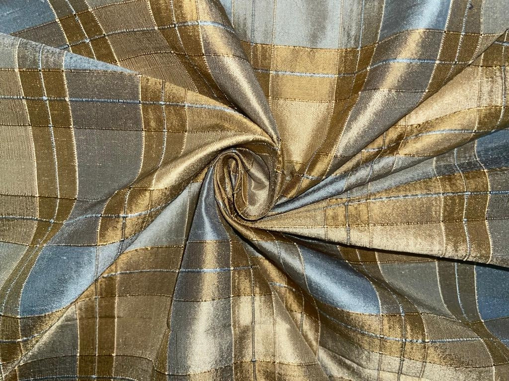 100% PURE SILK DUPION FABRIC ribbed PLAIDS blue gold color 54" wide DUPC112[3] [9688]