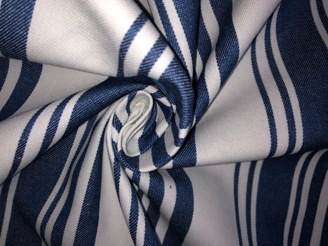 100% Cotton Denim Fabric 58" wide available in 4  different stripe designs 2 navy and white stripes and 2 navy and cream stripe