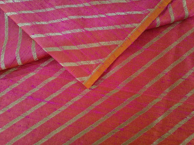 Silk Brocade in raw silk fabric Two tone pink x orange with gold metallic stripe 44" wide BRO880A[2]