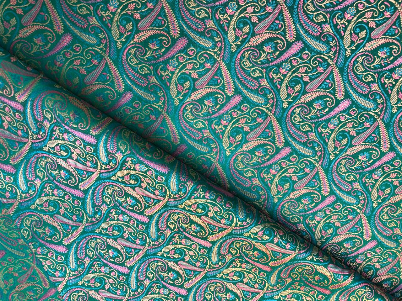 Silk Brocade fabric multi color paisleys available in 4 colors red , green , minty olive and silver BRO1089