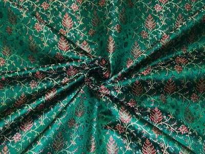 Silk Brocade fabric parrot green intricate floral with subtle red BRO1082[2]