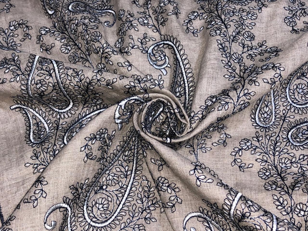 100% Linen  Kashmiri Embroidered fabric paisleys 58" wide available in 3 colors ivory with pink paisleys ,camel with navy paisley and ivory with beige paisley