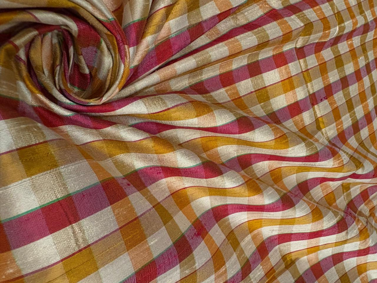 100% silk dupion  red ,pink, mustard, gold ,ivory Plaids fabric 44" DUPNEWC32[1]