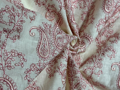 100% Linen  Kashmiri Embroidered fabric paisleys 58" wide available in 3 colors ivory with pink paisleys ,camel with navy paisley and ivory with beige paisley