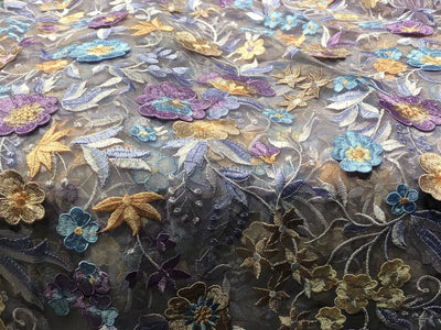 NET fabric lilac with floral embroidery with patchwork of nude pink, lilac and blue flowers 58" wide [17716]