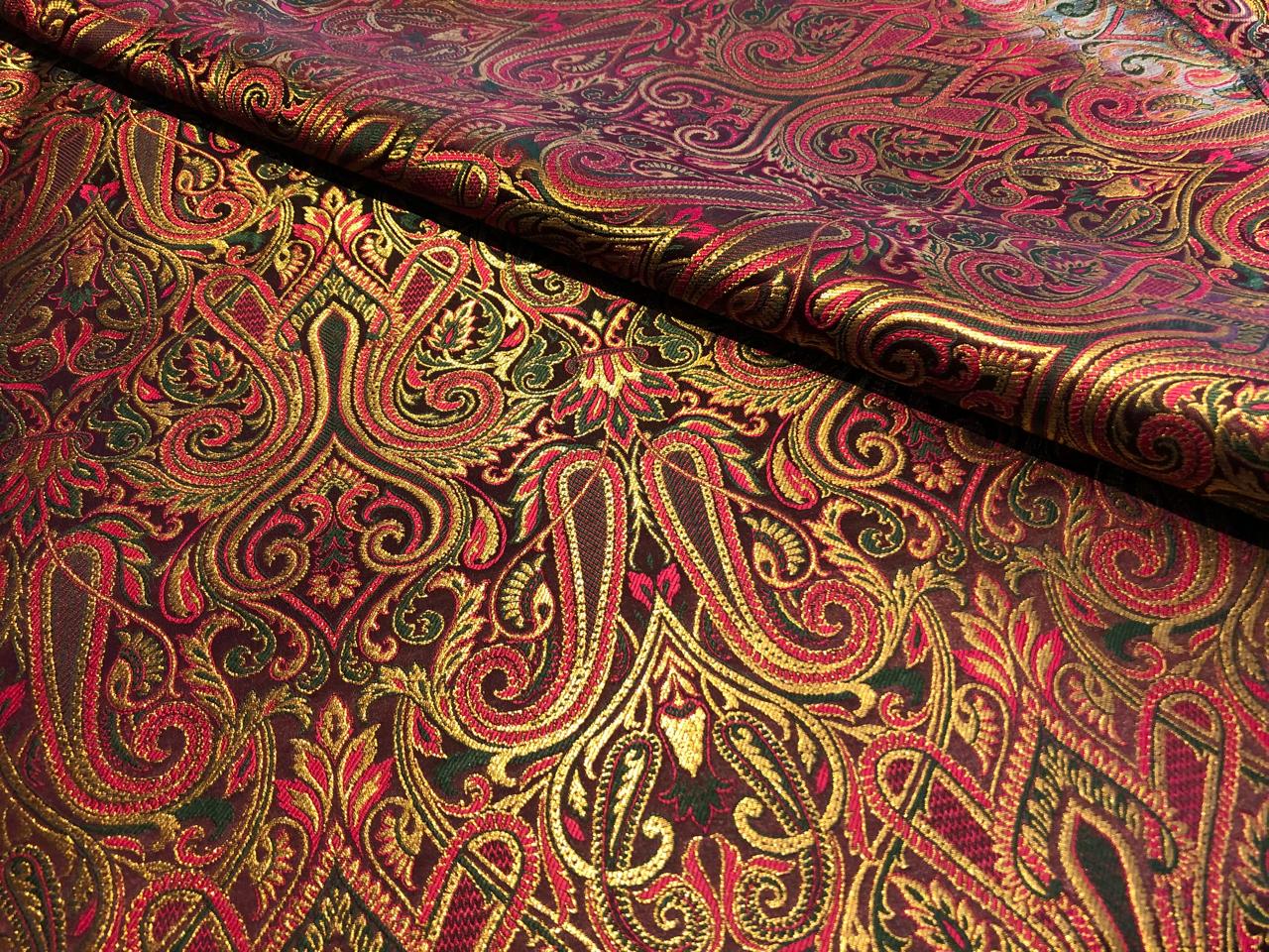 Silk Brocade fabric gold jacquard paisleys available in 3 colors magenta/teal ,deep purple/teal and peach/green/red BRO1102